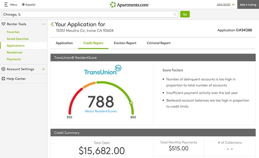 Apartments.com credit report dashboard.