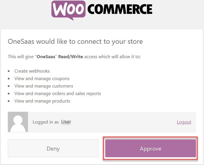 Approving the connection to WooCommerce.