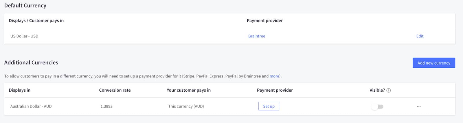 Set up additional currencies on BigCommerce.