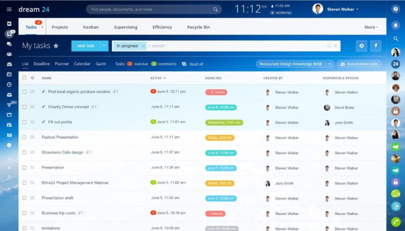 An example of Bitrix24's personal task dashboard displaying the status and deadline of each task.