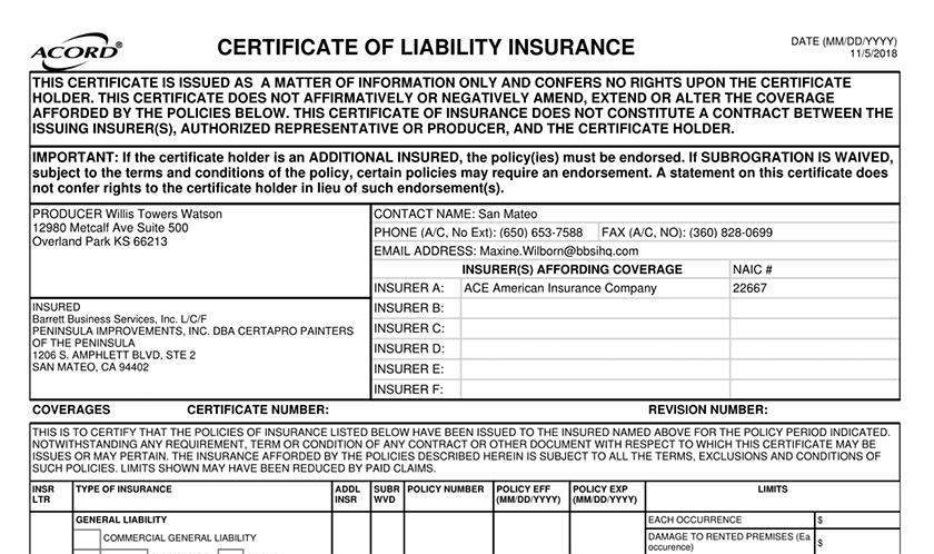 Certificate of liability insurance example.