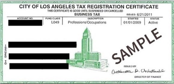 City of Los Angeles tax registration certificate example.