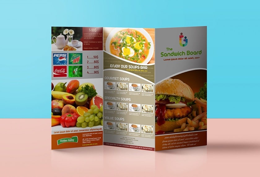 Colorful fast food brochure example.