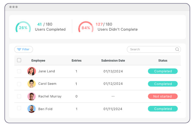 Connecteam's survey tool shows both the number of employees who completed or did not complete the survey and a worker list with survey submission dates.
