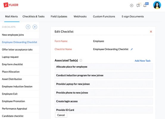 Create and manage checklists for workflows and HR processes like onboarding using Zoho People.