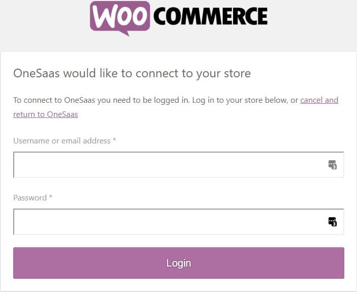 Entering WooCommerce credentials and log in.