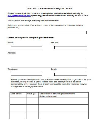 Example of contractor reference request form.
