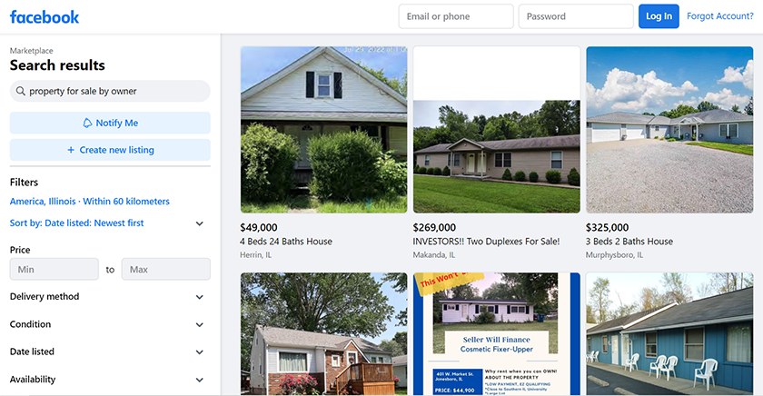 FSBO property listings in Facebook Marketplace.