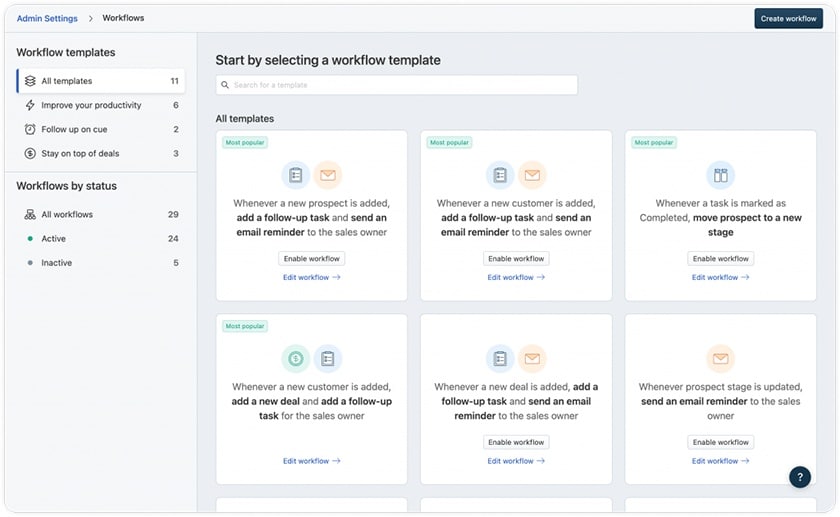 Freshsales automated workflow templates library.