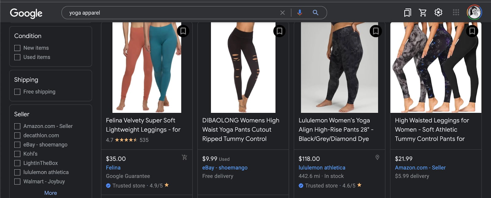 Google Shopping sample products.