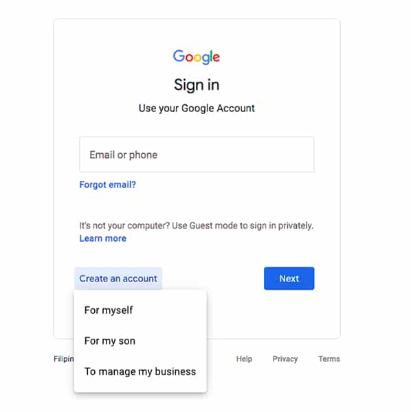 Google create an account option.