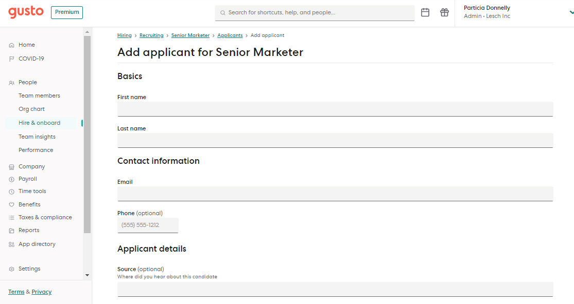 Gusto add applicant for senior marketer page.