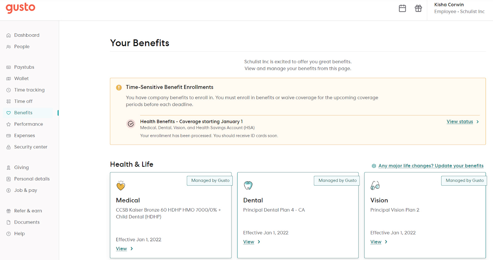 Screenshot of Gusto's benefits dashboard.