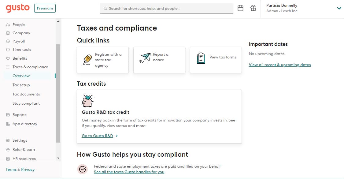 Gusto Taxes and Compliance page.