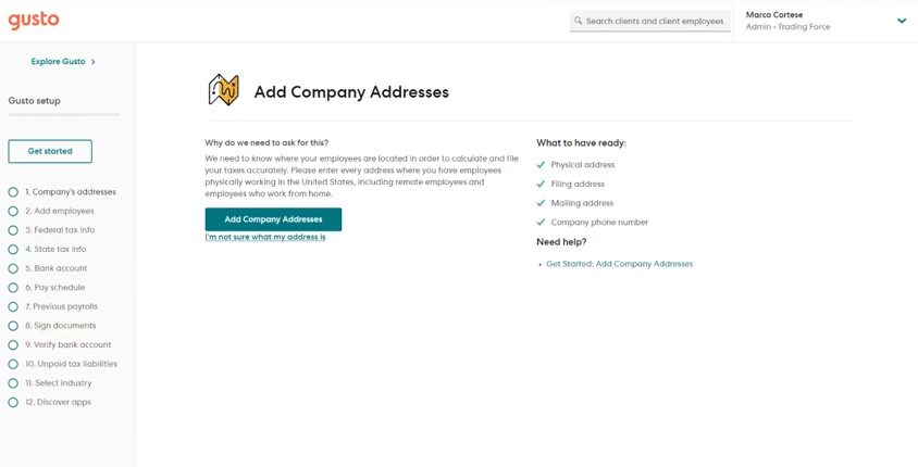 Gusto add company addresses page.