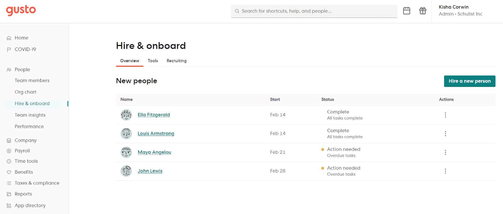View status of employee in Hire and onboard page on Gusto.