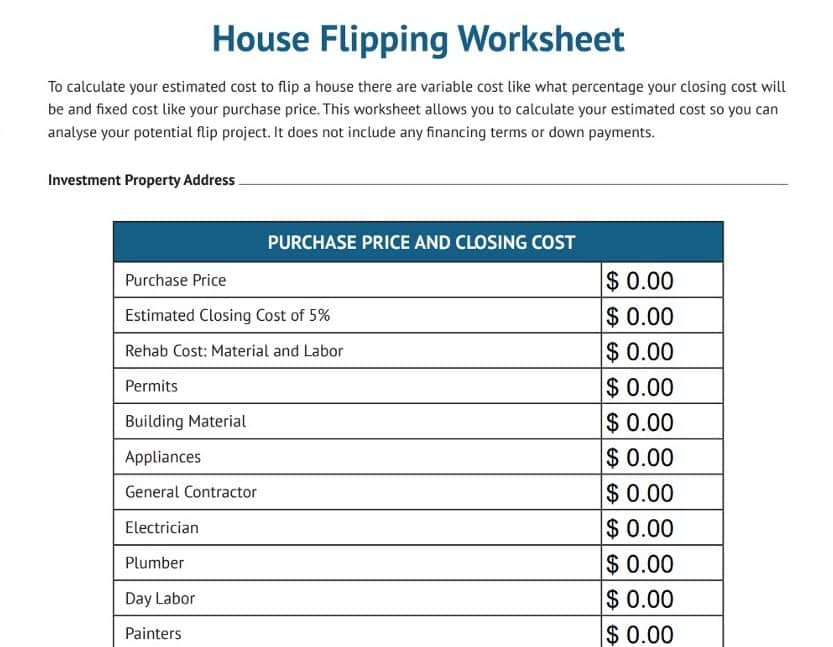 House flipping worksheet.