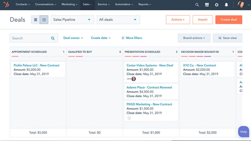 An example of HubSpot CRM's sales deal pipeline.
