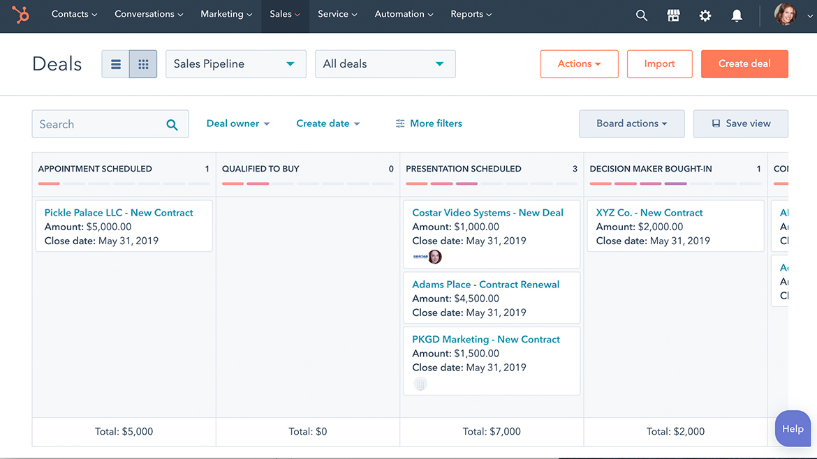 An example of HubSpot's drag-and drop deal pipeline.