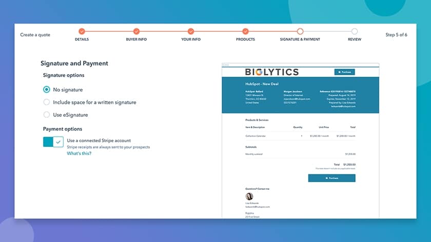 HubSpot and Stripe integrations signature and payment options.