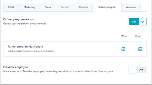 HubSpot partner program access permission setting.