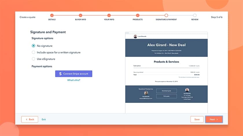 HubSpot signature and payment options.