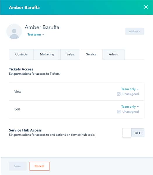 HubSpot user tickets access permission setting.