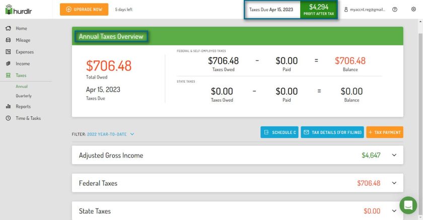 Annual taxes overview on Hurdlr.