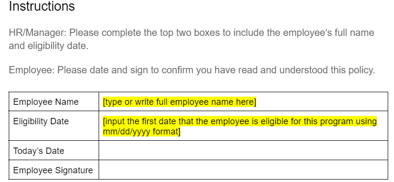 box for employee name, eligibility date, today's date, and signature on an unlimited PTO policy