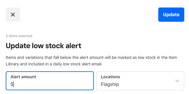 Low-stock alert setting screen for Square POS.