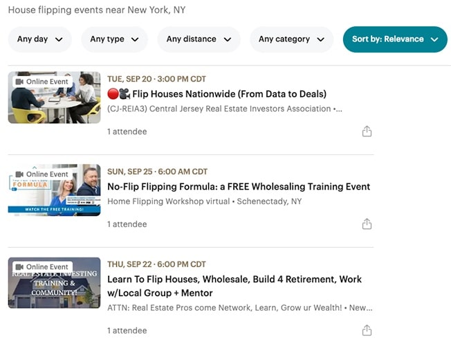 Meetup search result for house flipping events near New York.