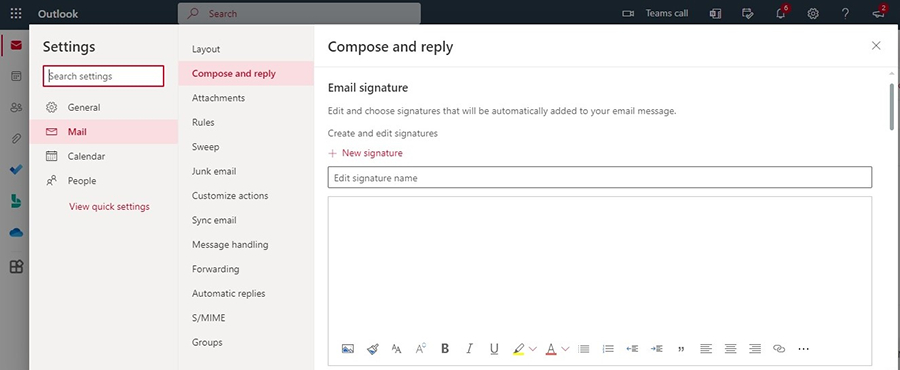 Microsoft Outlook settings for custom email signature.