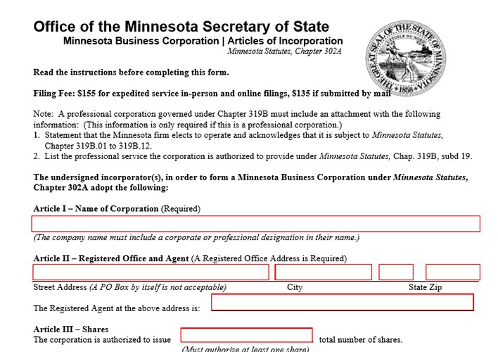 Minnesota business corporation article of incorporation form.