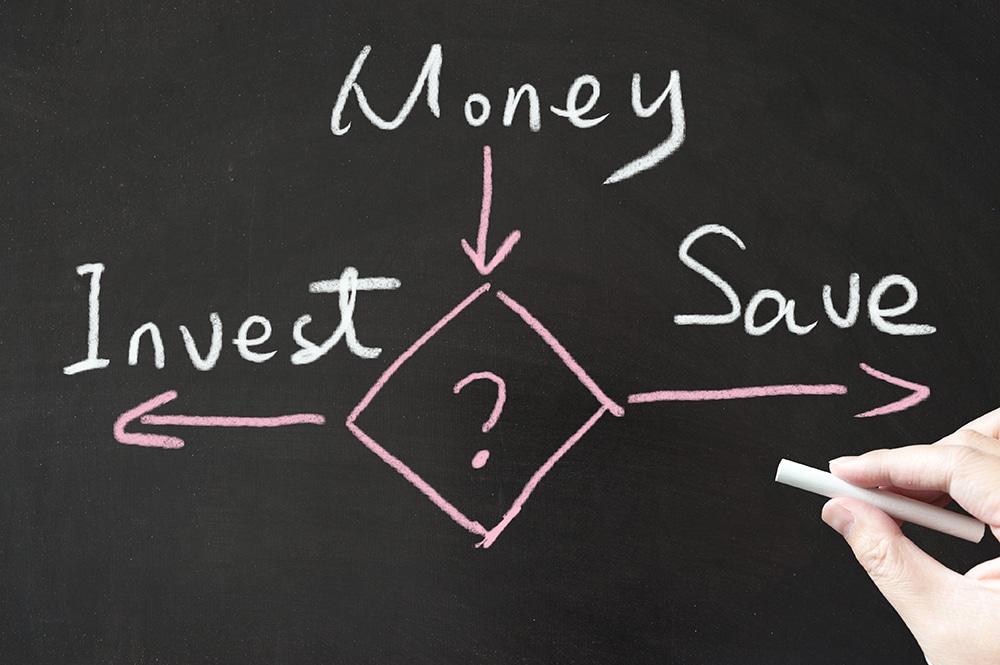 Money, invest or save diagram drawn on the blackboard using chalk.