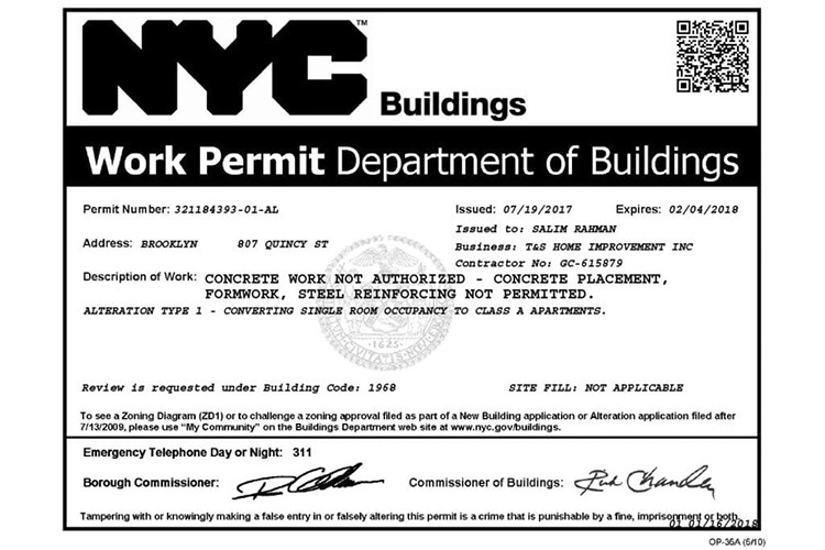 NYC Buildings work permit department of buildings example.