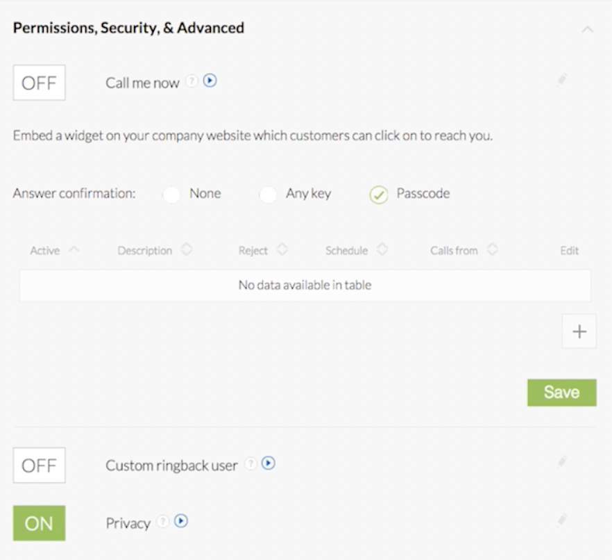 Nextiva Permission, Security and Advanced settings.