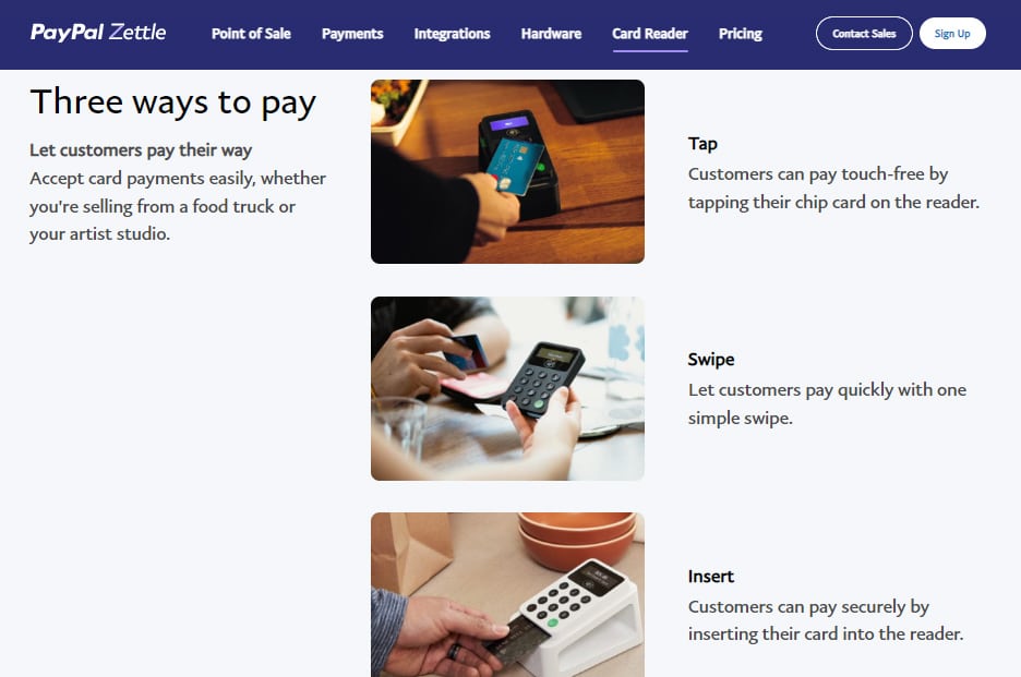 PayPay Zettle three ways to pay using card readers.