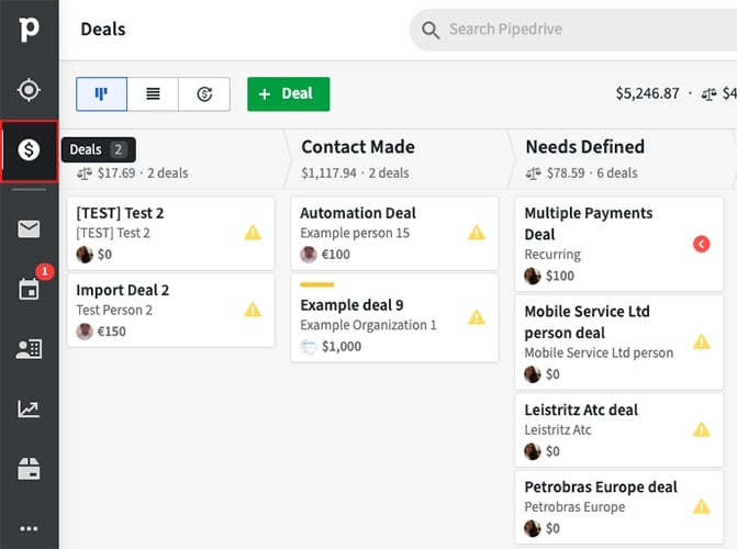 Pipedrive deals dashboard with sidebar menu.