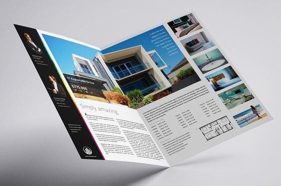 Real estate agency brochure example on a glossy paper.