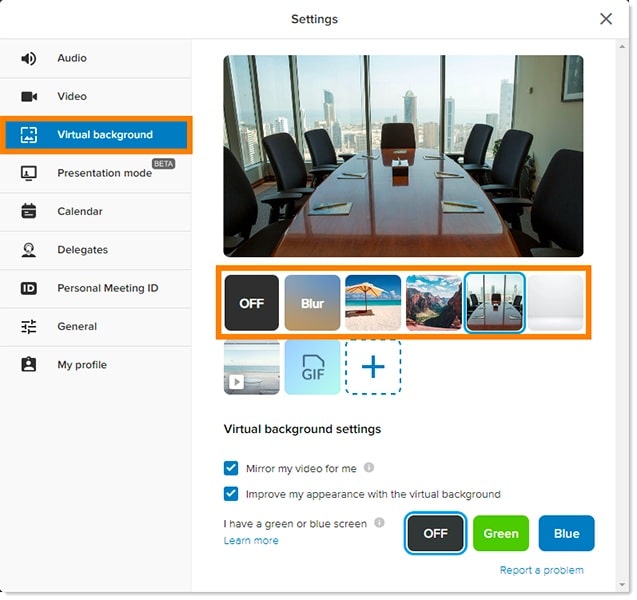 RingCentral Video conferencing background options.