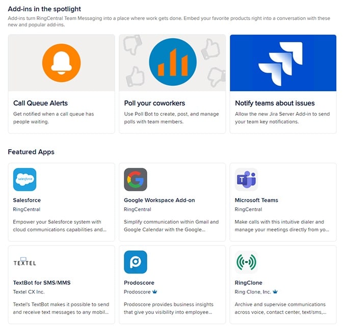 RingCentral team messaging add-ins and integrations page.