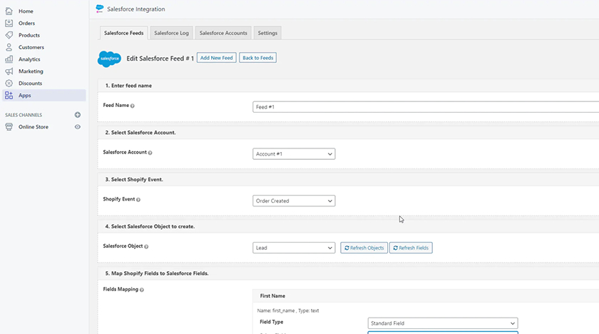 Salesforce feeds integration on Shopify.