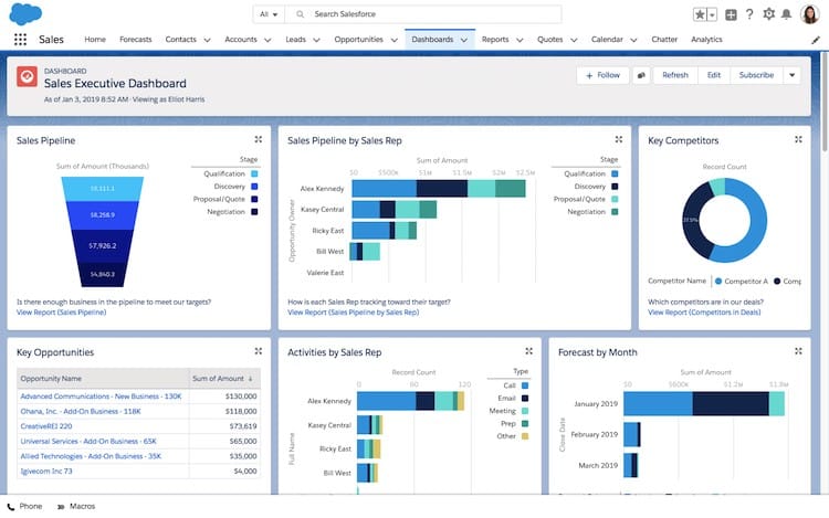Screenshot Salesforce sales executive dashboard.