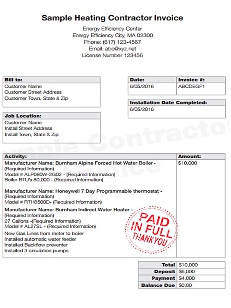 Sample heating contractor invoice from Sampleforms.