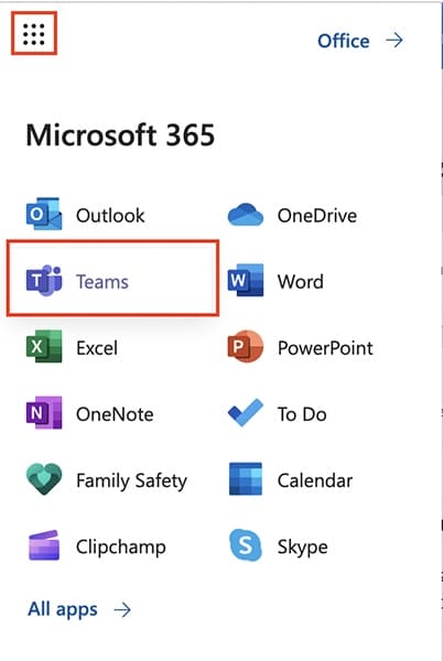 Selecting Microsoft Teams in Microsoft 365 menu.