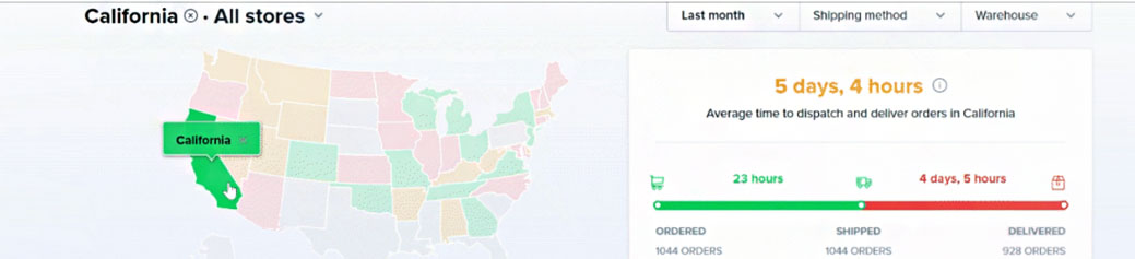 ShipHero California map with Average time of delivery.