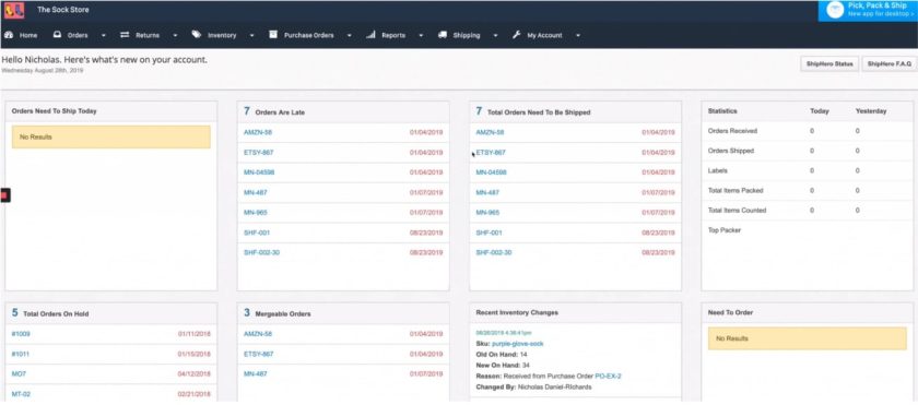 ShipHero WMS dashboard on desktop view.