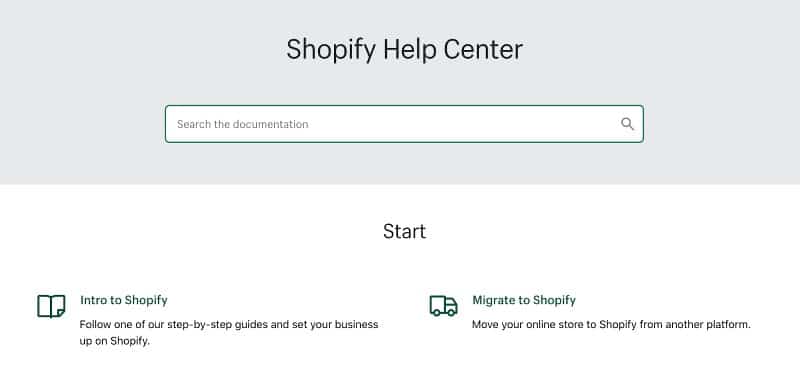 View of Shopify’s Help Center.