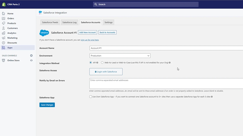 Shopify and Salesforce CRM integration accounts dashboard.