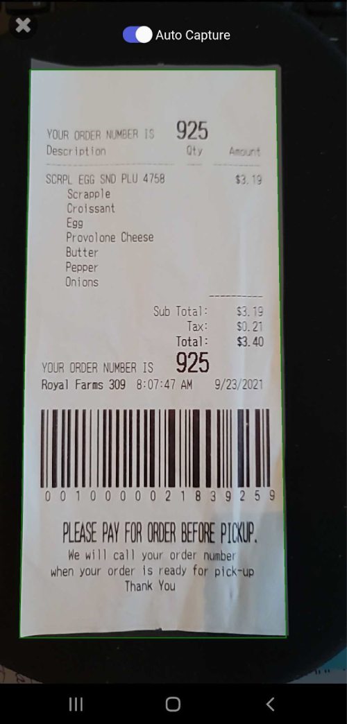 Image showing the interface within the Neat Mobile App when capturing a receipt.